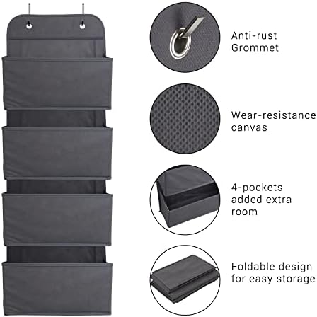 ManGotree Over The Door Storage Organizer,Hanging Storage, Wardrobe Storage Organizer, 4 Pockets Door Hanging Closet Storage with 2 Hooks, Foldable (Dark Grey)