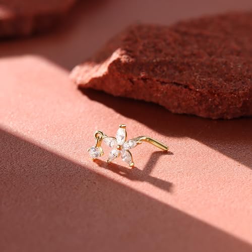 14K Real Gold Nose Stud - 18G Nose Stud L Shaped Nose Rings Dangle Nose Rings for Women CZ Opal Flower Sun Nose Piercings Gold Nose Jewelry for Women Men3