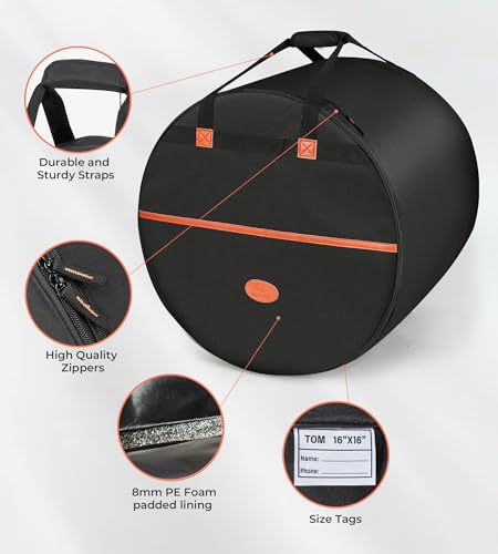 5-Piece Drum Bag Set for 10" Tom, 12" Tom, 14" Snare, 16" Floor, 22" Bass, Travel Drum Cases Thick Padding for Drumset Protection for Standard Kits, Vangoa - Thumbnail 3