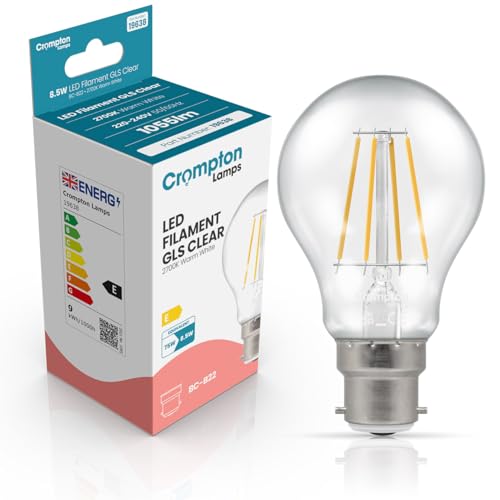 Image of Crompton Lamps Filament GLS LED Light Bulb BC-B22d | 8.5W = 75W Equivalent | Warm White 2700K | Energy Efficient | Bayonet Lightbulb | Long Life 15,000-Hrs | Clear Glass