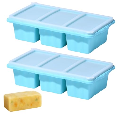 DNSHAN Bandeja de silicona para congelador con tapas, perfecta para sopa, guisos, salsas, cocción por lotes y más, moldes de silicona aptos para horno, paquete de 2, azul