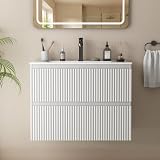 Wumagin Waschbecken mit Unterschrank 60 cm, Badmöbel Set mit Keramikwaschbecken, Wandhängender Waschtisch mit 2 Schubladen Rillendesign für Badezimmer, Weiß