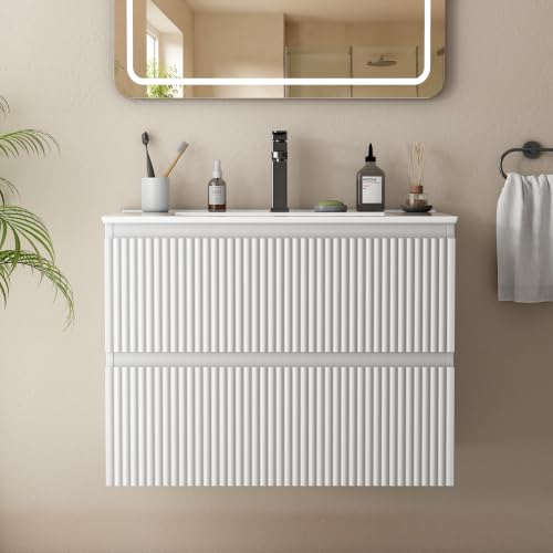 Wumagin Waschbecken mit Unterschrank 60 cm, Badmöbel Set mit Keramikwaschbecken, Wandhängender Waschtisch mit 2 Schubladen Rillendesign für Badezimmer, Weiß
