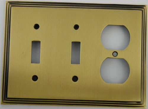Deco Step Style Antique Brass 3 Gang Wall Plate - 2 Toggle Switch 1 Duplex Outlet