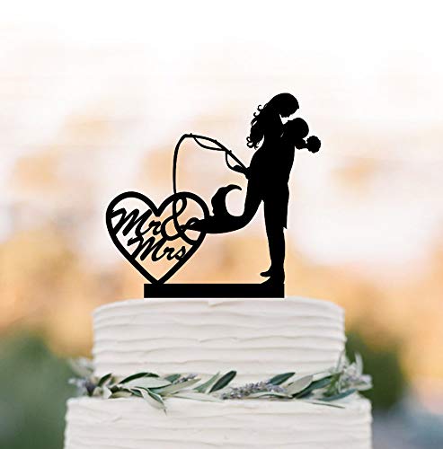 Mermaid Wedding Cake Topper Fishing Mr And Mrs Cake Topper, Fisherman Cake Topper, Groom Lifting Bride, Heart Cake Decor,