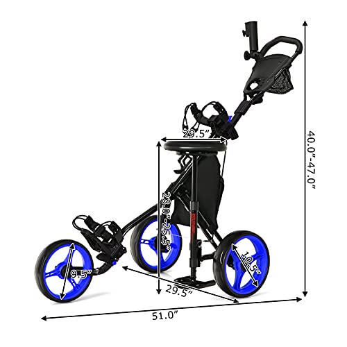 Gymax Golf Push Cart, Foldable 3-Wheel Height Adjustable Lightweight Golf Caddy Cart With Umbrella Holder, Hydraulic Seat, Storage Bag & Cup Holder, Golf Trolley For Club (Blue) #TOP6