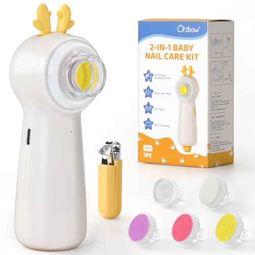 Orzbow Lima Elettrica per Unghie Neonato Ricaricabile, Lima Unghie Neonato Portatile con 5 Teste di Affilatura, 2 in 1 Tagliaunghie Neonato con Tagliaunghie, Adatta a Tutte Le Età, Cervo Giallo