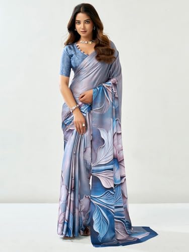 Image of Satrani Women's Satin Digital Printed Saree with Unstitched Blouse Piece