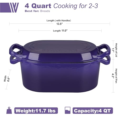 VORRINGARD Oval Dutch Oven Pot with Lid, Enamel Coating Cast Iron Bread Pans for Homemade Sourdough Bread Baking, Cooking, 4 Quart, Purple