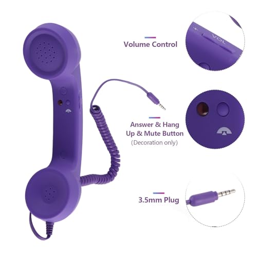 Retro teléfono con cable morado, receptor con conexión 3.5mm y USB C miniatura 2