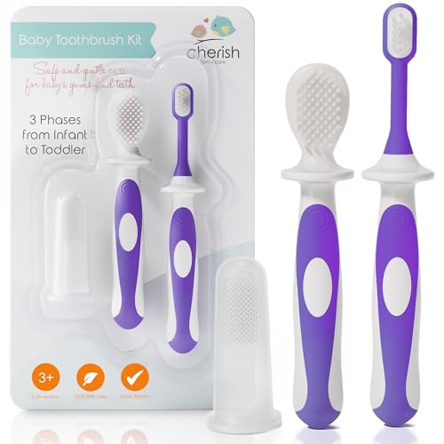 Image of Cherish Baby Care Award-Winning Baby Toothbrush Set (3-24 months) - 3-Pack Baby Finger Toothbrush, Training Toothbrush & Toddler Toothbrush - BPA-free Baby First Toothbrush Set (Purple)