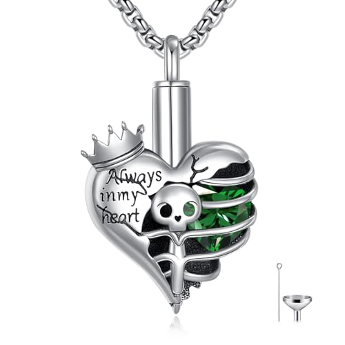 Skeleton Urn Necklace for Ashes 925 Sterling Silver Heart Emerald May Birthstone Skull Urn Pendant Necklaces Memorial Keepsake Cremation Jewelry for Women Men, 18"+2"