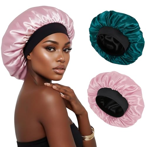 XRACEPHOL Silk Bonnet for Sleeping Double Layer Satin Bonnet Adjustable Bonnets for Black Women Sleep Cap Reversible Hair Bonnet for Curly Hair (Black and Leopard) 2PCS