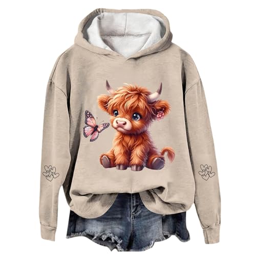 Image of Highland Cow Hoodie For Women Y2K Cow Pattern Thermal Hooded Sweatshirts Long Sleeve Winter Fleece Tops Highland Sweatshirts For Women Khaki