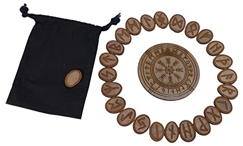 25 Runensteine aus Holz Runenset Nussbaum Vegvísir Vegvisir Kompass (Runen 20x25mm Kompass 80mm)