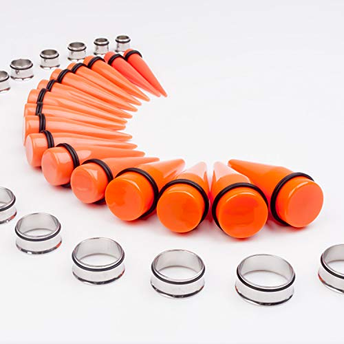 Cabbe Kallo 32 Pcs 00G - 1 Inch Taper Kit Gauge Ear Stretching Kit Stainless Steel Tapers Tunnels Plugs Piercing Jewelry, Orange #TOP4