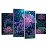 Canvas Wall Art for Bedroom 4 Panels Neon Underwater Fantasy Stained Glass Featuring Radiant Jellyfish Framed Art Prints Wall Decor for Bathroom Ready to Hang Western Home Decor Office Bar