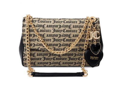Image of Juicy Couture The Glam Juicy Crossbody with Flap for Women, Logo Print Shoulder Bag with Gold Chain Strap & Heart Charm, Black & Beige, One Size
