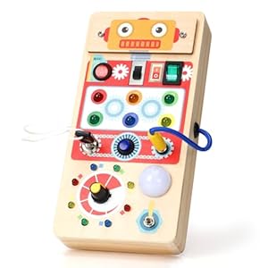 Upltowtme Montessori Busy Board for Toddlers LED Wooden Sensory Toy with 8 Switch Light Early Activity Motor Skills Educational Toy for 3+ Year Old Boys Girls Orange Robot Chirstmas Gift for Kid