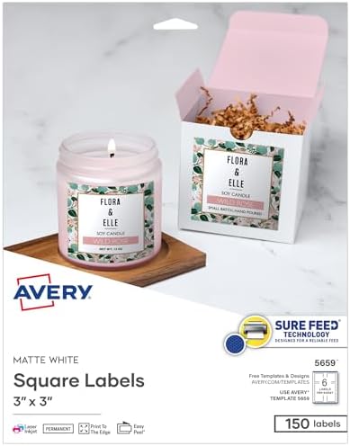 Amazon.com : Avery Printable Square Labels with Sure Feed, 3" x 3 ...
