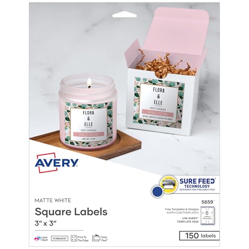 Avery Printable Square Labels, Sure Feed Technology, 3" x 3", Matte White, Permanent Adhesive, Laser/Inkjet Printable, 150 Blank Labels, Great for Product Merchandising, Stickers, and More (5659)