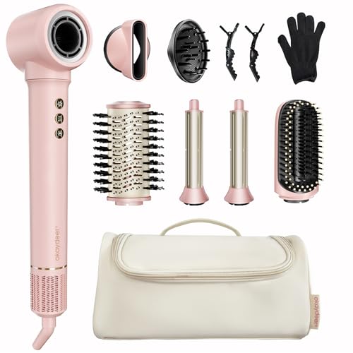 okaydeer 7 in One Hair Dryer Brush with Auto Wrap Curlers, Negative Ionic, No Heat Damage, Blow Dryer, Fast Drying & Frizz-Free Styling, Hot Air Styler, Straightener&Volumizing Brush with Storage Bag