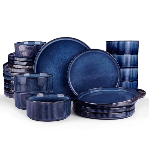 Image of Famiware Star Plates and Bowls Sets, Modern Stoneware Dinnerware Sets for 8, 24-Piece Kitchen Dish Set - Microwave and Dishwasher Safe, Chip and Scratch Resistant, Nebulas Blue