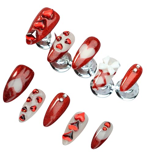 Almond Press on Nails Handmade Medium Long/Stiletto 3D Flower Fake Nail with Designs, Women Reusable False Nails (Glitter Red, M)