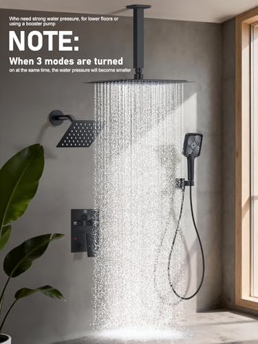 Image of Woindo Shower Faucet Set, 10 inch Ceiling Mount Rainfall Shower System with 2 Rain Shower Head and Multi-function Handheld Head Push Button Diverter Shower Faucet Trim Kit
