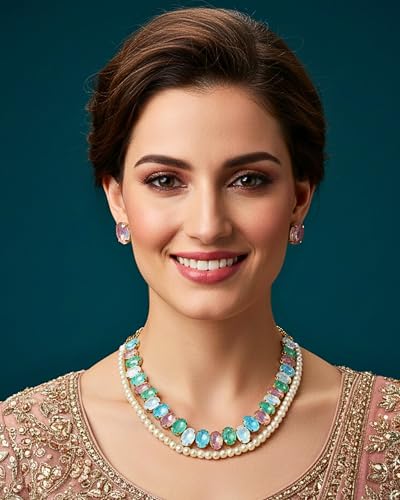 Image of Mansiyaorange Statement AD CZ American Diamond Cubic Zerconia Pearl Necklace Set | Gold Plated Chunky Fashion Jewelry for Women & Girls