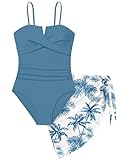 HOTOME Teen Swimsuits for Girls 14-16 Crisscross Ruched Cut Out Girls Swimsuit Adjustable Back Tie One Piece Bathing Suit with Print Cover Up Skirt Teen Bathing Suits Grey Blue