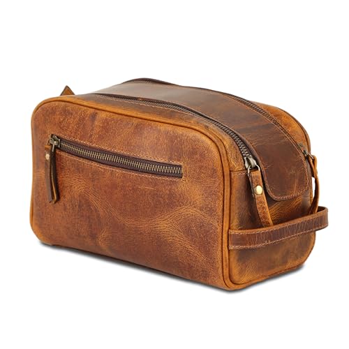 KomalC Travel Toiletry Bag – Premium Leather Dopp Kit for Men & Women with Water-Resistant Lining & Spacious Zippered Organizer