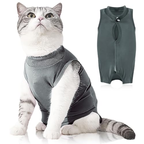 Plimbin Cat Recovery Suit Post Surgery Bodysuit for Cats, Anti-Lick Pet Vest for Kitten Spaying, Professional Recovery Suit for Abdominal Wounds or Skin Diseases (Grey, M)