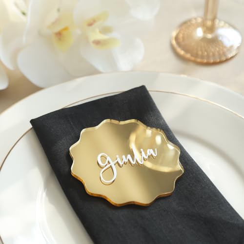 UNIQOOO 20 Pcs Mirror Gold Acrylic Place Cards, 3.2 inches Circular Wavy DIY Name Place Card, Smooth Edge, Acrylic Table Sign, Perfect for Wedding Table Decor, Centerpiece, Decoration, Anniversary
