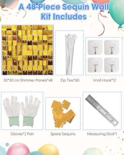 Image of Gold Shimmer Wall Backdrop 48 Panels Cover 8 x 6 Ft, Photo Backdrops for Wedding,Anniversary,Birthday,Party Decoration