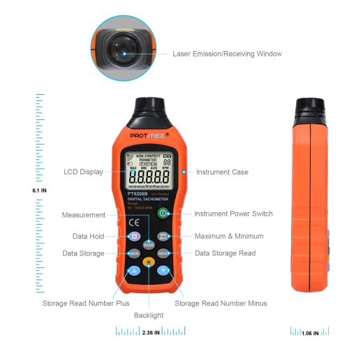 Protmex Digital Tachometer, 50-99,999 Rpm High Precision Laser Photo Tachometer, Max/Min/Avg Data Hold Functions Rotation Speed Meter, Pt6208B With Reflective Tape (Batteries Included) #TOP1