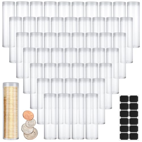 LOYORTY 50PCS Plastic Coin Tubes 4x1 Inch Clear Quarter Tubes for Coins Quarter Coin Holders Coin Storage Tubes with Screw Lid for Coins Collection Supplies with Sticks