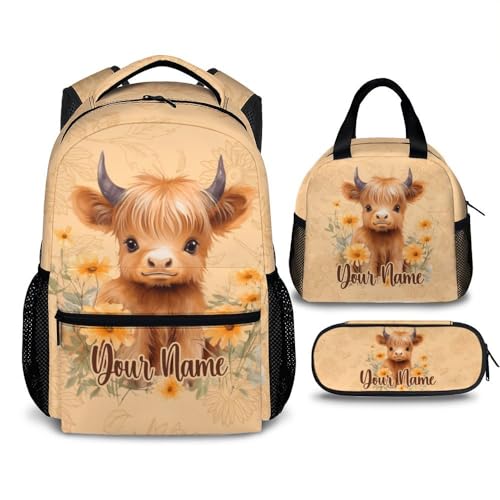 School Backpack for Girls, Custom Highland Cow Girls Backpacks for Kids Teen 3 in 1 Elementary Preschool School Bag