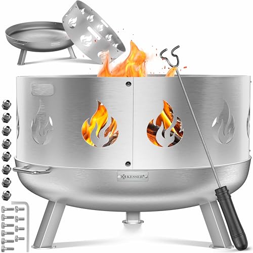 KESSER® Brasero con protección contra chispas de 60 cm de diámetro, cesta de fuego de acero de aleación, incluye gancho de 42 cm de hierro fundido, desagüe de agua y 2 asas estables, chimenea de