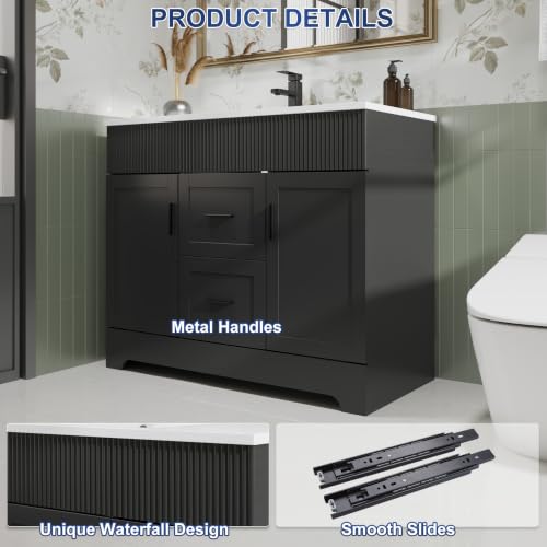 Image of eclife 42 inch Bathroom Vanities Sink Combo with Painted Surface, Modern Drawered Cabinet W /Decorative Wave Lines, Undermount Single White Sink, Matte Black Faucet Drain, Black