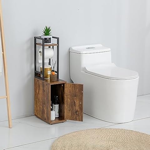 SUNTAGE Small Narrow Bathroom Storage Cabinet w/Toilet Paper Roll Holder, Slim Toilet Paper Storage for Bathroom, Brown Cover