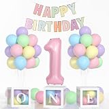 Yumiche First Birthday Decorations For Girl-40 Inch Pink 1 Number,Pastel HAPPY BIRTHDAY Banner, Pastel Balloons And One Balloon Boxes for one year old birthday decorations