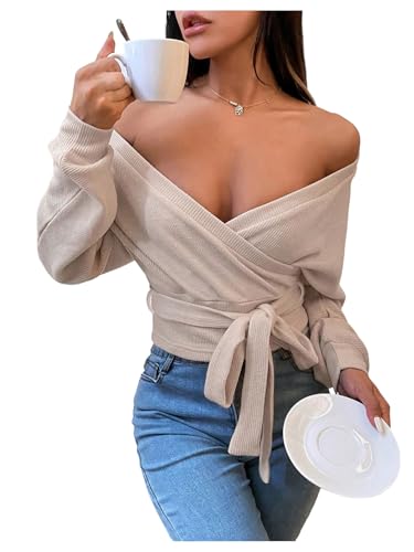 SweatyRocks Women's Wrap Off Shoulder Tops Sexy Tie Waist Long Sleeve Crop Knit V Neck Top Outfits