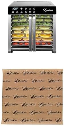 Excalibur Electric Food Dehydrator 8-Tray 7.2 Cu Ft Drying Space with Adjustable Temperature Control Stainless Steel Construction+ ParaFlexx Reusable Non-Stick Drying Sheets 11-Inch, Set of 4