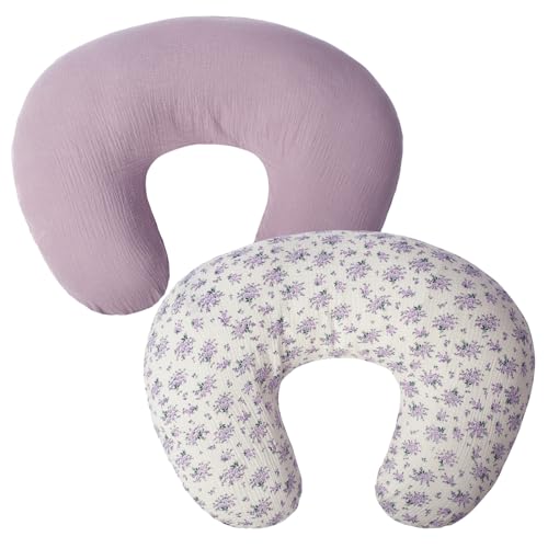 Image of FUNUPUP Muslin Nursing Pillow Cover Compatible with Boppy Nursing Pillow, Soft Baby Nursing Covers for Breastfeeding Pillows for Boys Girls, only Cover, Purple&Purple Floral