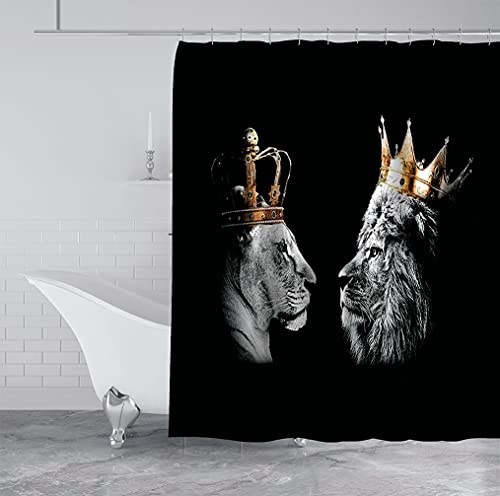 Namdeva Black Lion King & Queen Shower Curtain, Luxury Gold Crown Majestic Brave Safari Wildlife African Wild Animal Men Bathroom Decor, Waterproof Polyester Fabric Shower Curtain, 72X72, Lion Couple #TOP3