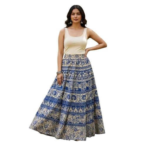 Image of HARSHITA-Enterprises Jaipuri Women's Cotton Printed Elastic Long Skirts