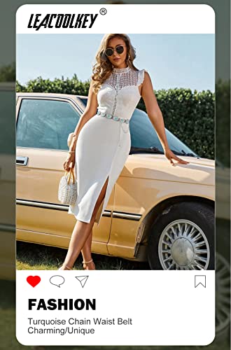 Image of LEACOOLKEY Women Turquoise Concho Chain Waist Belt Silver Western Cowgirl Metal Chain Belt for Dress Adjustable