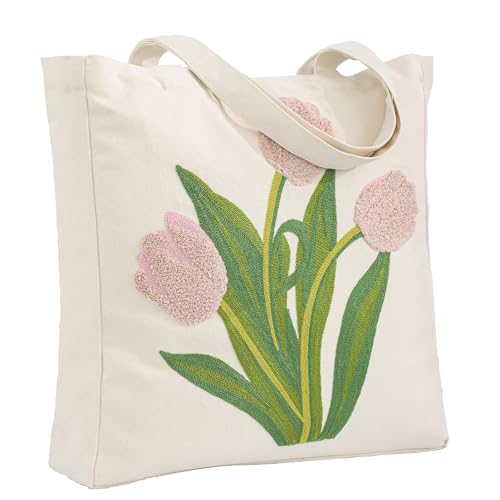 Perseverance Trade Aesthetic Embroidery Canvas Tote Bag for Women Cute Pink Tulip Flower Shoulder Bag with Magnetic Buckle Zipper Inner Pocket Reusable Cotton Bag for Shopping Grocery Beach Work Book