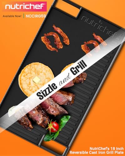 image for NutriChef Cast Iron Reversible Grill Plate – 18 Inch Flat & Ridged S